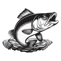 Black and White Fish Jumping out of the Water Vector Illustration - Fish jumping Silhouette, Hand Drawn Illustration