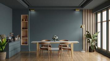 moderno oscuro azul cocina y minimalista interior diseño. foto