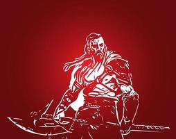 Medieval warrior Viking with tattoo and in skin with axes attacks enemy illustration vector