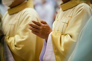 Prayer person hand  to god at church. photo