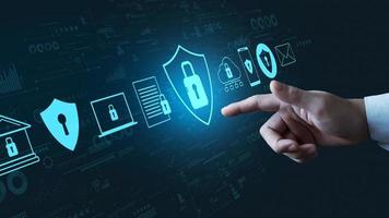 Cybersecurity Privacy data protection concept, businessman touching padlock protect business and financial data with virtual network security connection, secure internet access, security encryption. photo
