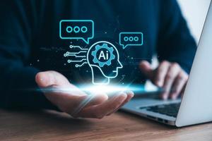 Concept Humans work together with artificial intelligence, humans use intelligent AI technology to solve problems in different ways, feeding AI commands to help solve problems that humans can't solve. photo