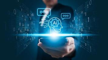 Concept Humans work with artificial intelligence, humans use intelligent AI technology enter command prompt for generates to solve problems, let AI help humans do their jobs. photo