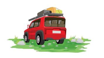 Rear side of tourist car with luggage on the rack and flysheet to protect it from the rain. Parking on the green grass with stone. on isolate white background. vector