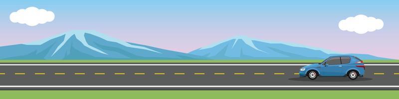 Landscape of transport of asphalt road. Travelling of hatchback passenger sports car driving alone  on the road. Every grass and mountain scenery with a romantic atmosphere. Copy Space Flat Vector.