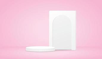 blanco mínimo podio monitor con arco letrero 3d ilustración vector en dulce pastel antecedentes para poniendo objeto