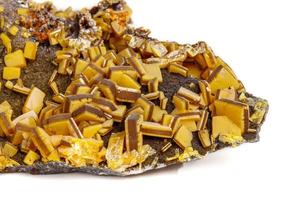 Macro mineral stone yellow Wulfenite on a white background photo