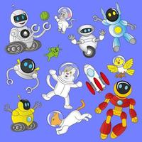 colección de robots y amigos en exterior espacio, editable, eps 10, vector, carteles, juegos, sitios web, para niños historia libro ilustraciones, impresión y más