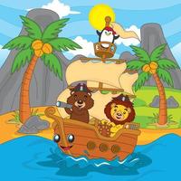 Illustration of cute animals, lions, bears and penguins become a pirate and ride a sailing ship. vector, eps10, editable vector