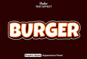 efecto de texto de hamburguesa con estilo gráfico y editable. vector