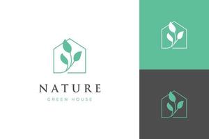 nature green house logo design line art style vector symbol icon design with house and plant concept, Eco friendly home logo design