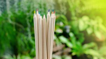Wooden colorful pencils with nature background,Colored pencils group,Office supplies,Crayon,stationary photo