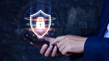 Network security shield system, Personal Data information on smart phone. Information and cyber security Technology Services. Internet Technology. photo