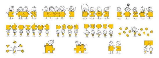 Stick figures. Man with puzzle pieces. vector