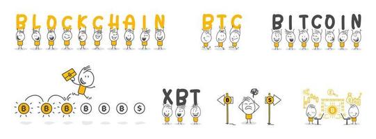 Stick figures. Bitcoins. Blockchain. vector