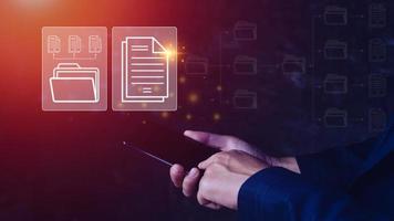 Document Management System DMS being setup IT consultant working on smartphone. Software for archiving, searching and managing corporate files information photo