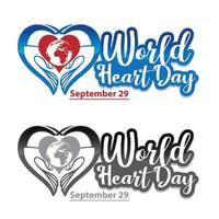 World heart day with red, blue, dark grey heart and world sign vector design