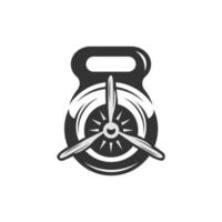 Gym strength logo design idea with kettle bell and propeller in negative space. Fitness and bodybuilding club logo template. Sports and themes vector