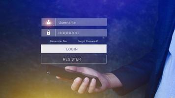 cyber security and Security password login online concept Hands typing and entering username and password of social media, login with smartphone to online bank account, data protection hacker photo