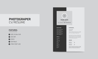Photographer cv resume template. modern editable resume design vector