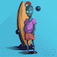 cool alien surrounded by dark matter with a surfboard behind vector