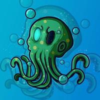 funny cartoon green octopus in the water with bubbles around vector