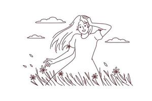 Happy young woman walking in summer field enjoying goo day. Smiling girl in countryside have recovery from mental illness. Vector illustration.