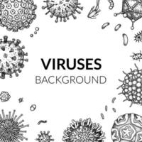 Virus square background in sketch style. Hand drawn bacteria, germ, microorganism. Microbiology scientific design. Vector illustration in sketch style