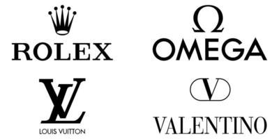 Popular luxury brands. Rolex, Omega, Louis Vuitton, Valentino. Vector editorial