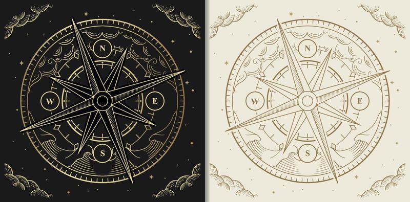 Golden compass with wave and cloud decoration