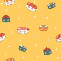 Cute endless pattern with sushi, rolls and gunkans. Kawaii ornament with traditional Japanese food. Asian cuisine. Stock vector illustration.