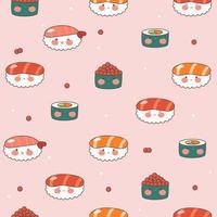 Kawaii pattern with cute sushi. Traditional Japanese food. Lovely nigiri. Stock vector illustration.