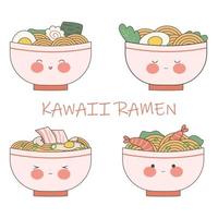 Cute bowls of ramen. Plates with different emotions. Traditional Japanese noodle. Asian food. Kawaii stock vector illustration.