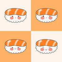 Kawaii pattern with cute sushi. Traditional Japanese food. Lovely nigiri. Stock vector illustration.