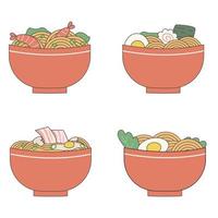 Set of plates with ramen. Bowl with Asian noodles. Traditional Japanese noodle. Asian food. Stock vector illustration in cartoon style