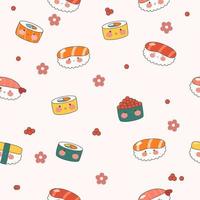 Kawaii pattern with cute sushi. Traditional Japanese food. Lovely nigiri. Stock vector illustration.