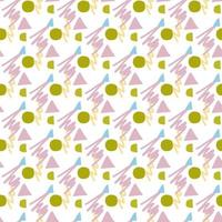 Pattern of abstract geometric shapes spring colors. Vector flat illustration. Seamless pattern. Packaging design. Strokes, circles, waves.