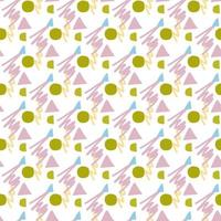 Pattern of abstract geometric shapes spring colors. Vector flat illustration. Seamless pattern. Packaging design. Strokes, circles, waves.