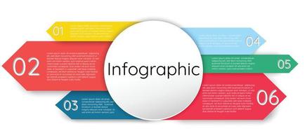 Infographic template for business information presentation. Vector circles and geometric elements. Modern workflow diagrams. Report plan 6 topics