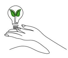 Hand holding plant inside Light bulb in one line drawing. Concept of Eco energy and environmental friendly sources. Can used for logo, emblem, slide show and banner. Vector illustration