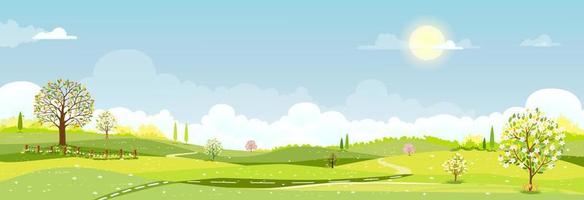 Spring landscape background,Cute Village with meadow, rural road on hill, blue sky ,could in sunny,Vector cartoon horizon Summer landscape, Panoramic countryside with mountains with wild flowers field vector