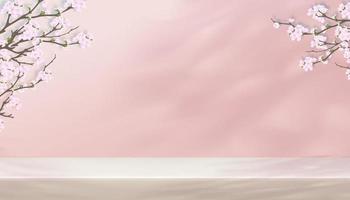 Product background with 3D Podium,Cherry Blossom or Spring flower on Pink wall,Horizon Room Studio scene with Sakura branches light and shadow ,Vector Backdrop banner for Spring,Summer presentation vector