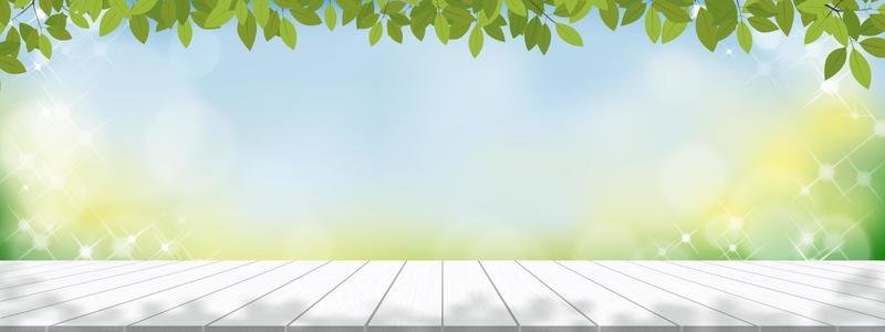 Spring background,Display studio with 3d podium on white wood texture with nature bokeh light,Vector Backdrop wood top table with light effect.Spring,Summer branding product presentation concept