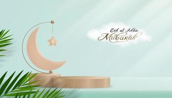 Eid al Adha Mubarak greeting design with Crescent Moon and Star hanging on 3D podium on blue sky and cloud background.Vector Backdrop of Religion of Muslim Symbolic for Eid al fitr, Ramadan Kareem vector