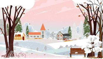 Winter landscapes city park with cat sleeping on bench in garden,Cute Christmas day in village,Vector cartoon horizon backdrop background Winter wonderland with mountain, Cloud and Pink Sky background vector