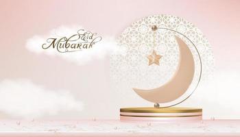 Eid Mubarak Islamic greeting design with Crescent Moon and Star hanging on 3D podium on lantern pattern background.Vector Backdrop of Religion of Muslim Symbolic,Eid al fitr,Ramadan Kareem,Eid al Adha vector