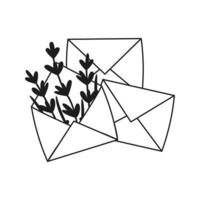 Open envelope with hand drawn lavender flowers. Vector illustration. Simple doodle style.