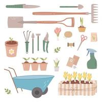 Garden equipment, tools isolated on white background. Seasonal garden work. Spring vector llustration.