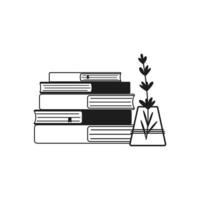 Hand drawn stack of books and a vase with lavender. Vector illustration. Simple doodle style.