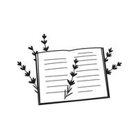 Opened book with hand drawn lavender flowers. vector